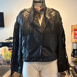 DKNY Black Leather Jacket with Fringe